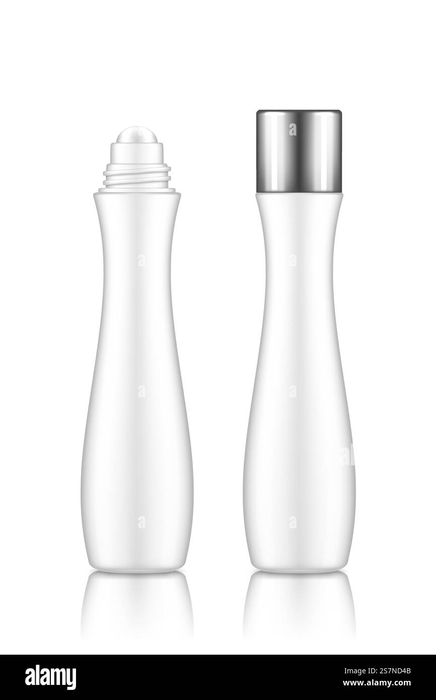 Flacone con rullo per labbra, oculare con crema, siero o olio essenziale per il sollevamento, la protezione contro l'età e la prevenzione delle rughe. Mockup del contenitore del prodotto cosmetico vuoto. Design della confezione. illustrazione vettoriale realistica 3d. Flacone con rullo per labbra, oculare con crema, siero o olio essenziale per il sollevamento, la protezione contro l'età e la prevenzione delle rughe Illustrazione Vettoriale
