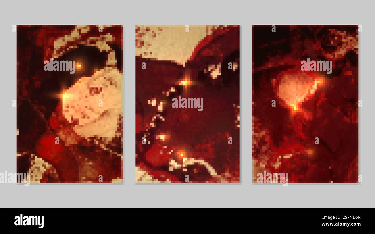 Motivo rosso, nero e oro con texture di geode e scintillanti. Sfondo vettoriale astratto nella tecnica dell'inchiostro a base di alcool. Vernice moderna con glitter. Set di sfondi per banner e poster. Fluido art. Motivo rosso, nero e oro con texture di geode e scintillanti Illustrazione Vettoriale