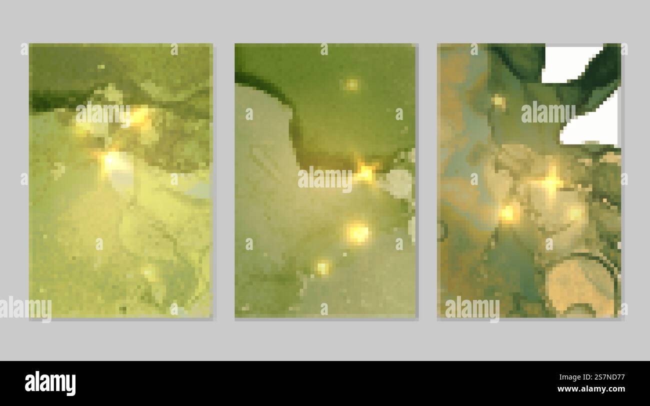 Set di marmo con sfondi oro e verde chiaro con texture. Modello Geode con glitter. Sfondi vettoriali astratti nella tecnica dell'inchiostro ad alcool dell'arte fluida. Vernice moderna con scintille per striscioni e poster. Set di marmo con sfondi oro e verde chiaro con texture Illustrazione Vettoriale
