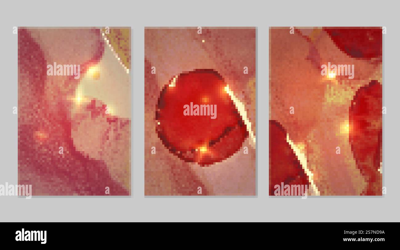 Motivo rosso chiaro e oro con texture di geode e scintillanti. Sfondo vettoriale astratto nella tecnica dell'inchiostro a base di alcool. Vernice moderna con glitter. Set di sfondi per banner e poster. Fluido art. Motivo rosso chiaro e oro con texture di geode e scintillanti Illustrazione Vettoriale
