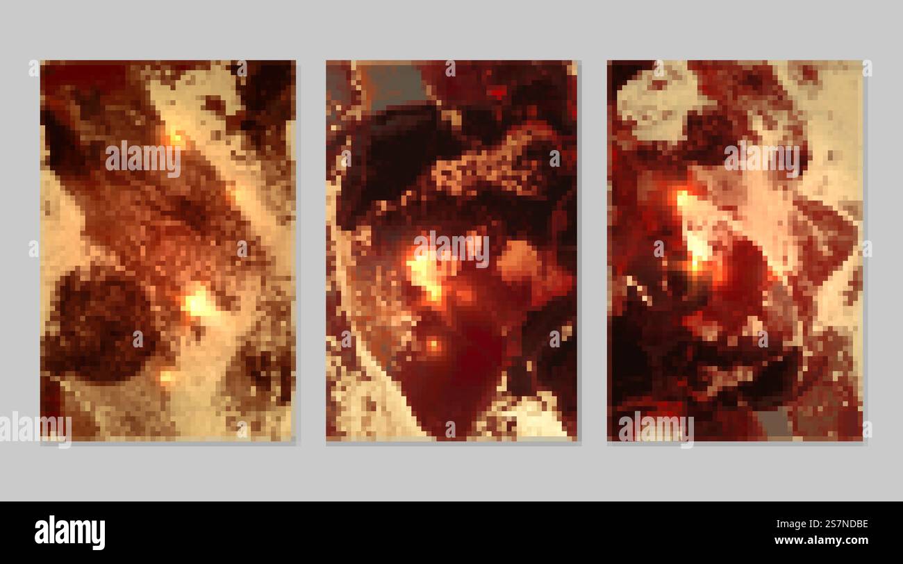 Set di marmo con sfondi dorati, rossi e neri e texture. Modello Geode con glitter. Sfondi vettoriali astratti nella tecnica dell'inchiostro ad alcool dell'arte fluida. Vernice moderna con scintille per striscioni e poster. Set di marmo con sfondi dorati, rossi e neri e texture Illustrazione Vettoriale