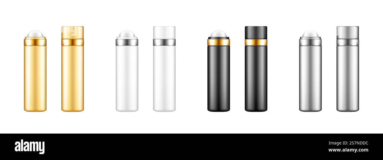 Deodorante per bottiglie a rullo o crema, siero, sagoma cosmetica per oli essenziali, set di mockup per contenitori di prodotti Illustrazione Vettoriale