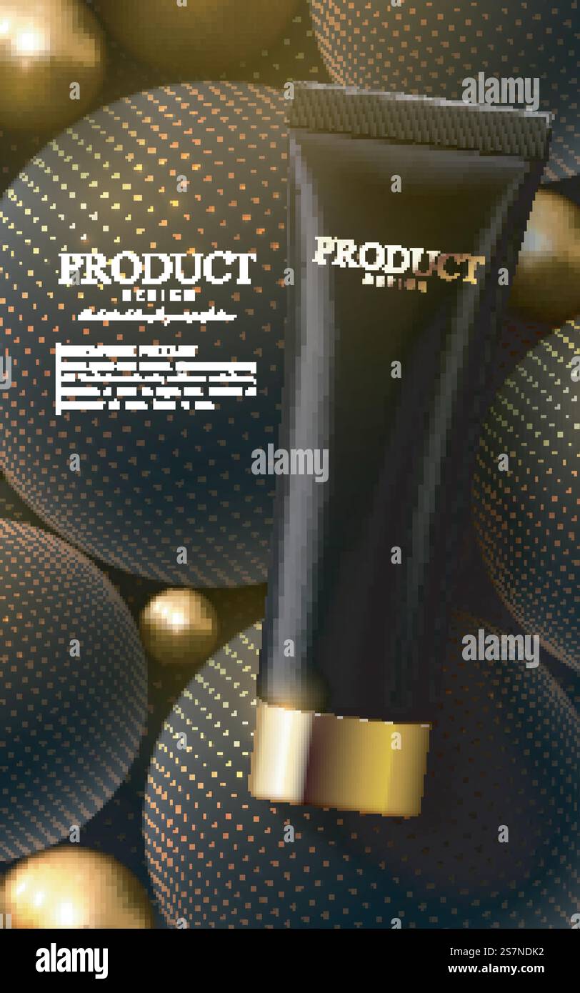 Modello per poster per annunci in crema di nano particelle d'oro. Prodotti cosmetici di prima qualità. Design di mockup per imballaggi cosmetici. Tubo color crema nero sullo sfondo di forme geometriche della sfera. illustrazione vettoriale 3d... Modello per poster per annunci in crema di nano particelle d'oro. Illustrazione Vettoriale