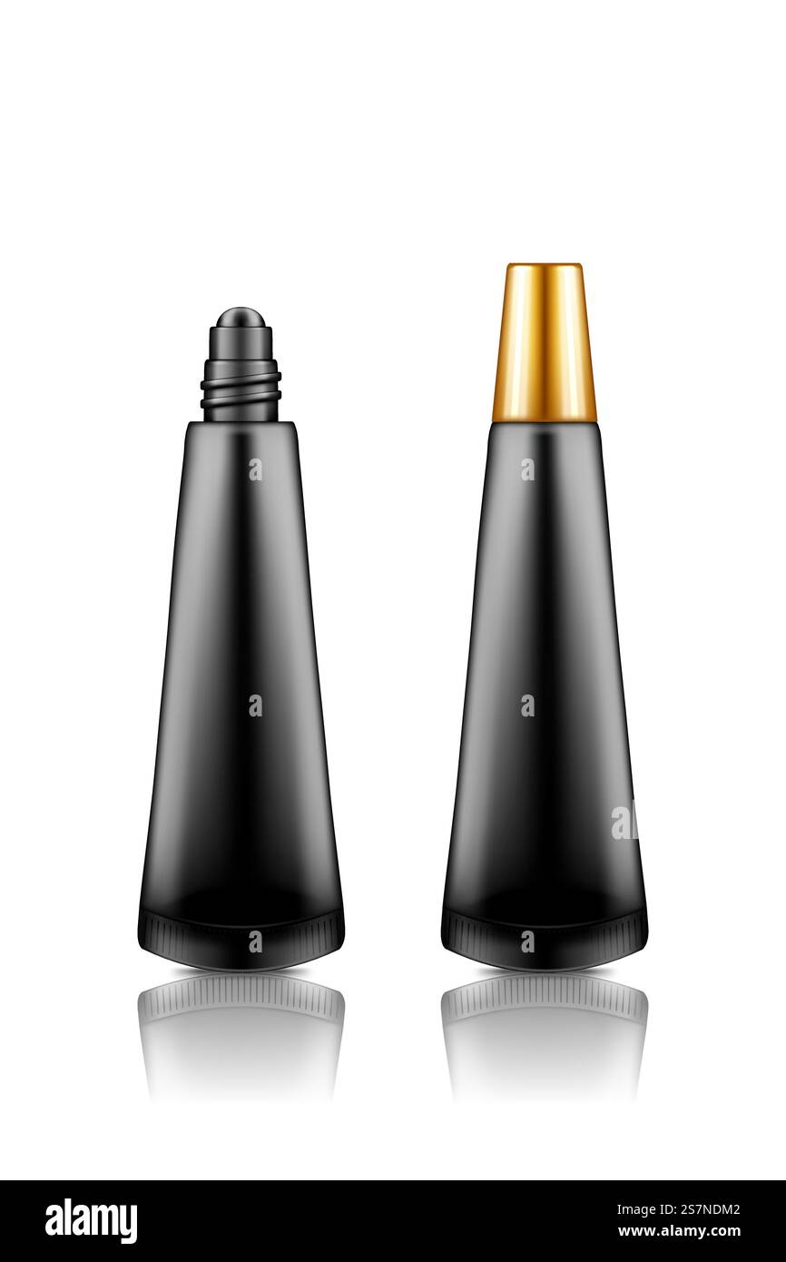 Tubo a rulli per occhi, labbra con crema, siero o olio essenziale per il sollevamento, la protezione contro l'età e la prevenzione delle rughe. Mockup contenitore per prodotti cosmetici nero. Design della confezione. illustrazione vettoriale realistica 3d. Tubo a rulli per occhi neri, labbra con crema, siero o olio essenziale per il sollevamento, trattamento anti-età e prevenzione delle rughe Illustrazione Vettoriale
