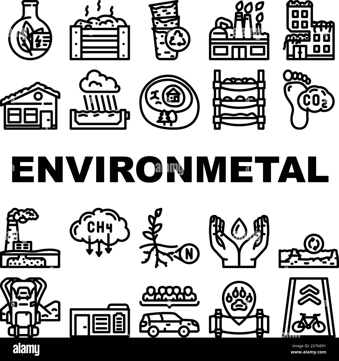 le icone della tecnologia ambientale engineer impostano il vettore. lavoratore ambientale, uomo del settore, concetto di persone, ingegnere ecologia ingegneria tecnologia ambientale illustrazioni di contorno nero. le icone della tecnologia ambientale engineer impostano il vettore Illustrazione Vettoriale