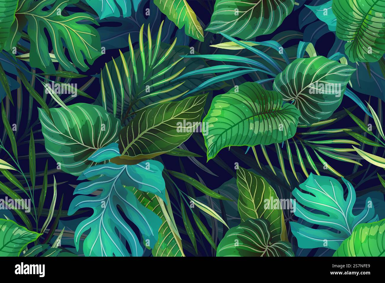 Motivo vettoriale senza cuciture con piante tropicali esotiche in stile moderno. Design di sfondo colorato e alla moda nella giungla. Stampa di carta da parati moda in tessuto naturale. Illustrazione Vettoriale