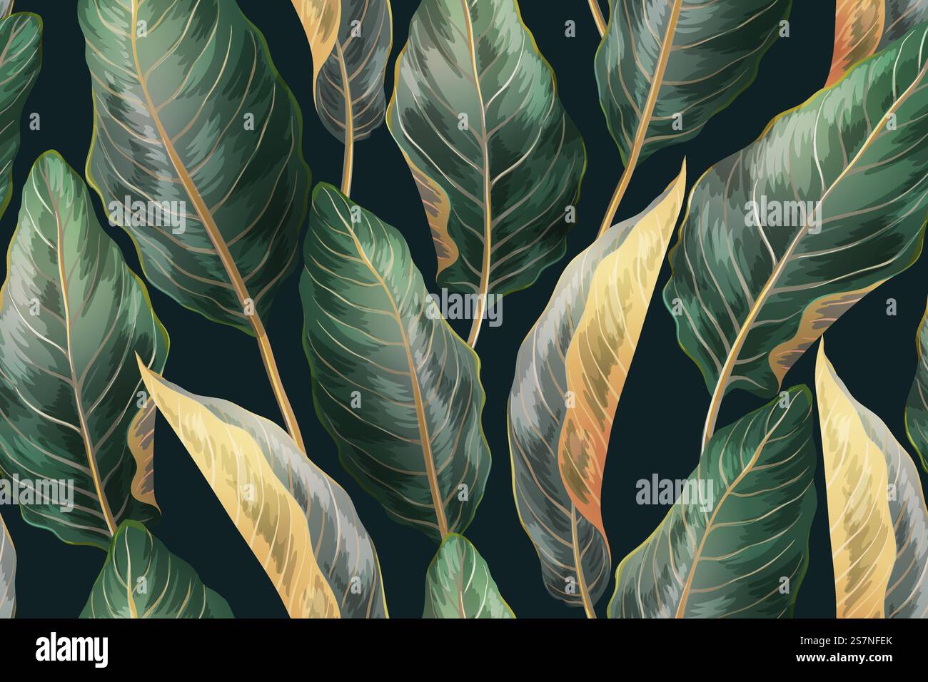 Motivo vettoriale vintage tropicale senza cuciture. Stampa botanica con foglie esotiche. Sfondo giungla per tessuti, Web, carta da imballaggio, imballaggi, biglietti. Illustrazione Vettoriale
