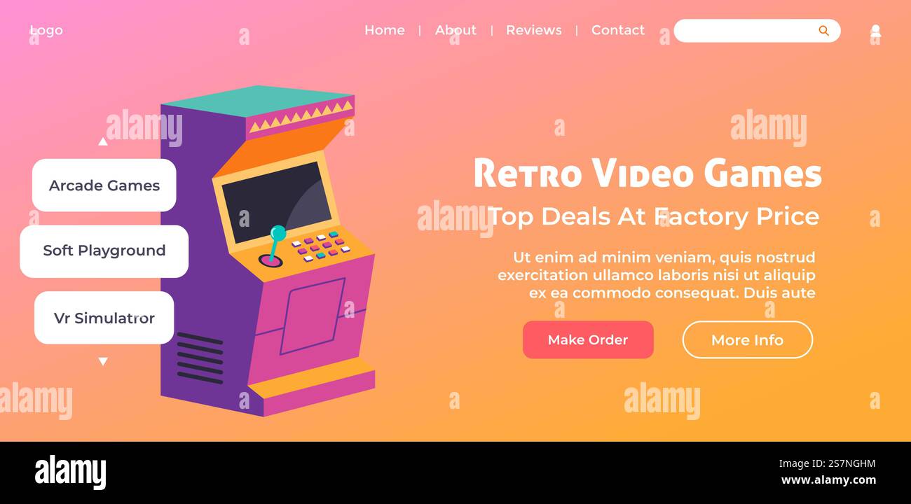 Migliori offerte a prezzo di fabbrica, videogiochi retrò, sale giochi e parco giochi, simulatore VR. Giocare a livelli e generi diversi. Pagina di destinazione del sito Web, modello di pagina Internet. Vettore in stile piatto. Videogiochi retrò, offerte eccezionali a prezzo di fabbrica Illustrazione Vettoriale