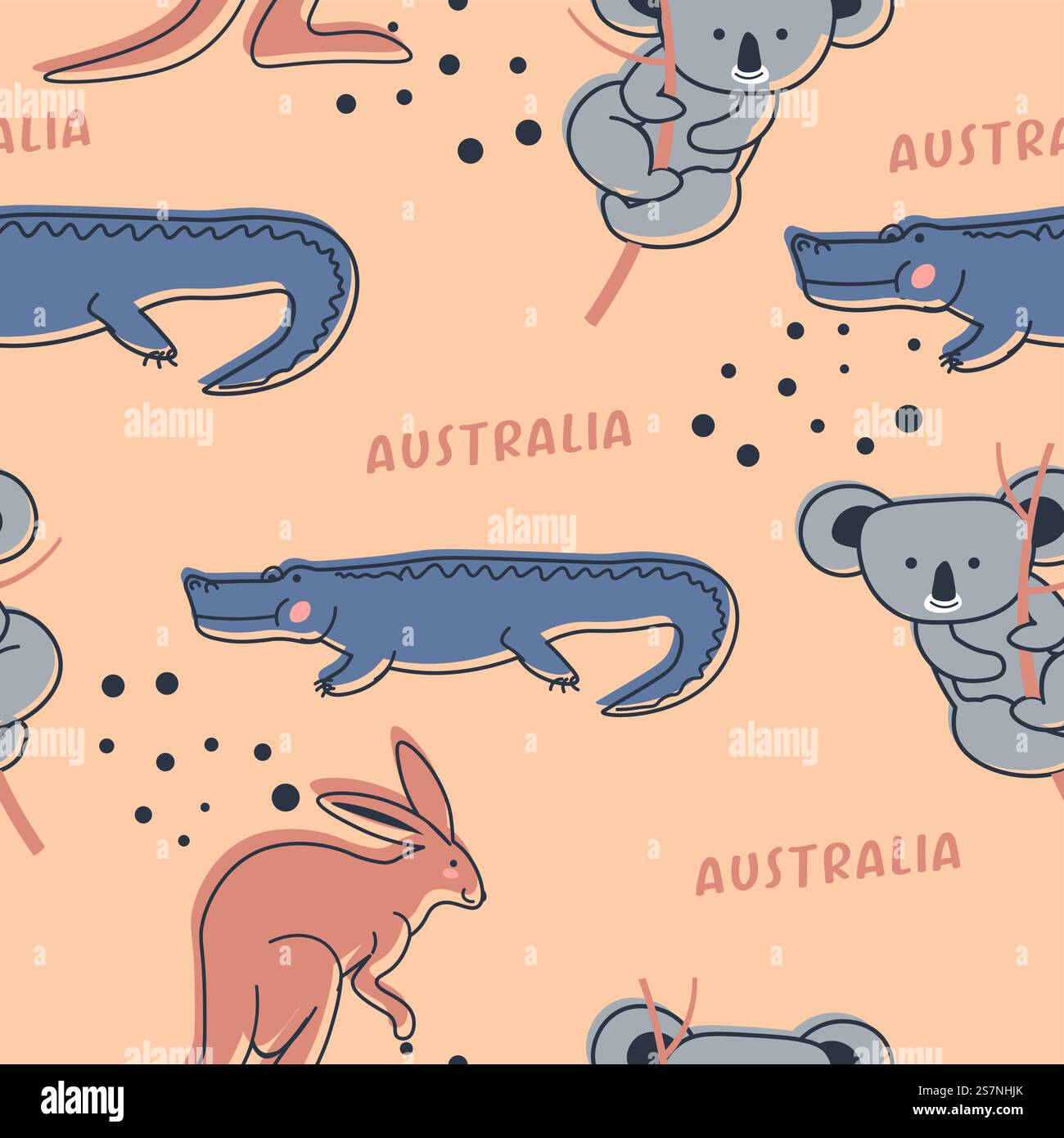 Coccodrillo e koala, canguro saltato, animali australiani e natura selvaggia. Simpatici personaggi, fauna selvatica e fauna australiana. Stampa di motivi, sfondo o sfondo senza cuciture. Vettore in stile piatto. Animali australiani, coccodrilli e impronte di koala Illustrazione Vettoriale