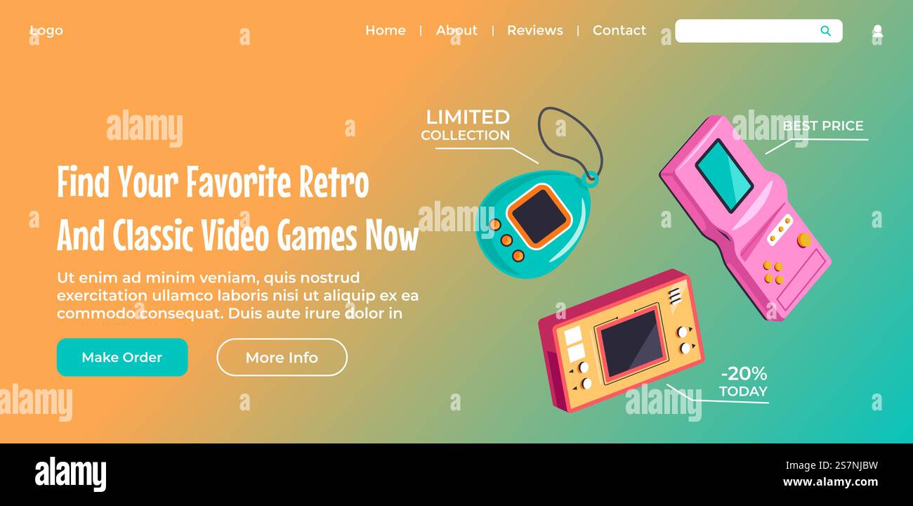 Videogame retrò e classico, trova subito il tuo preferito. Effettua l'ordine e ottieni tetris o tamagotchi, una collezione limitata e il miglior prezzo. Pagina di destinazione del sito Web, modello di pagina Internet. Vettore in stile piatto. Trova il tuo videogioco classico e retrò preferito Illustrazione Vettoriale