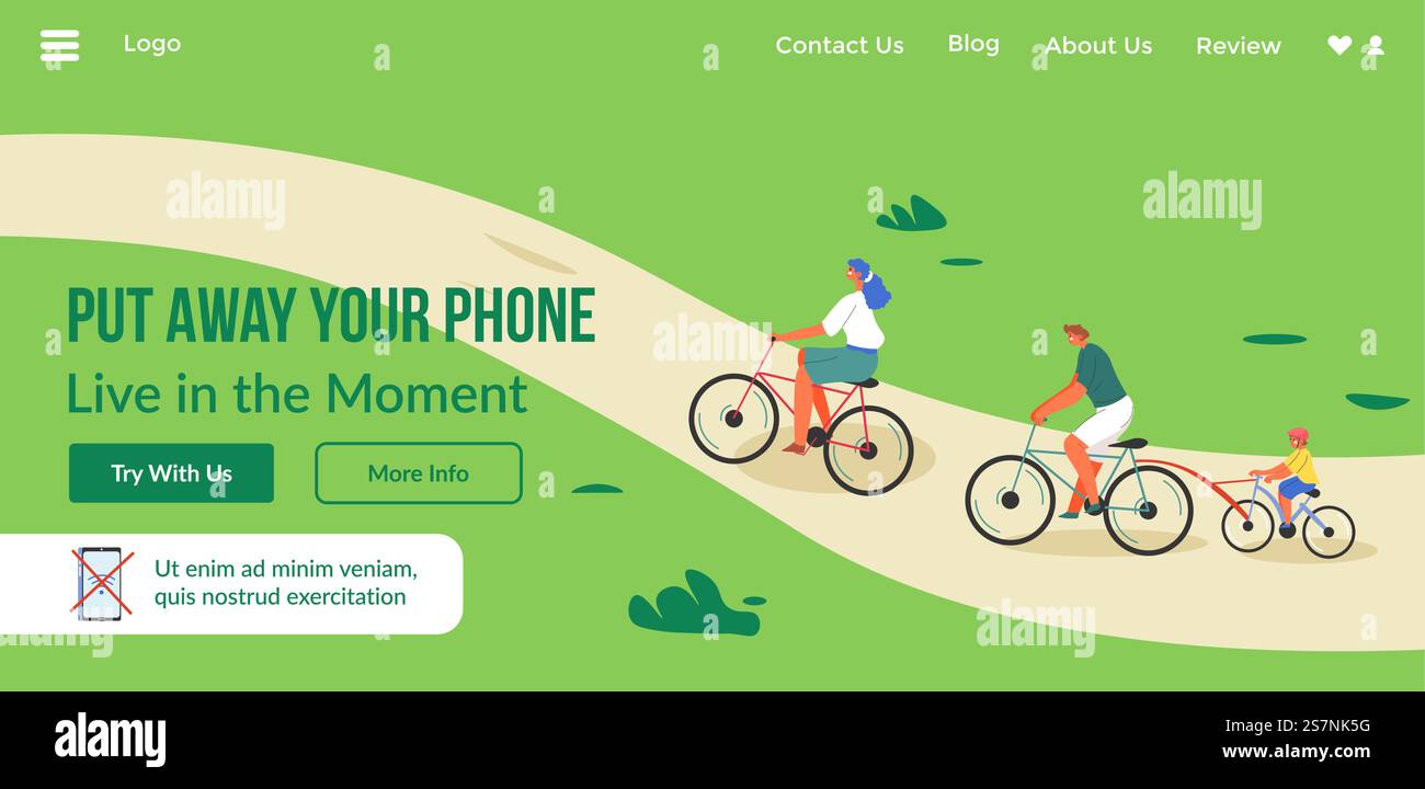 Controlla il tempo digitale trascorso su telefono o tablet. Metti via il telefono e vivi il momento. Benessere e salute mentale e fisica. Modello di landing page del sito Web, sito online. Vettore in stile piatto. Metti via il tuo telefono e vivi sul sito Web The Moment Illustrazione Vettoriale