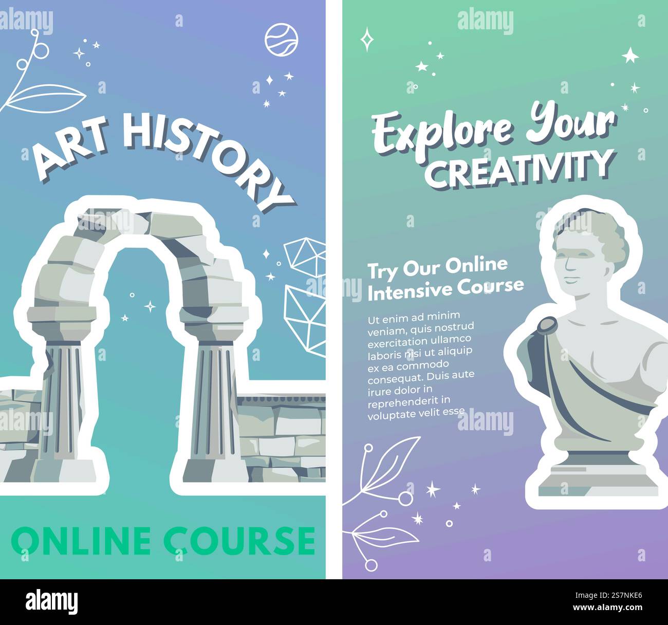 Lezioni di storia dell'arte che ti aiuteranno a esplorare la tua creatività e a conoscere la bellezza dell'architettura e della scultura. Arco della città antica, busto di donna o uomo, prova il corso online. Vettore in stile piatto. Esplora la tua creatività con lezioni di storia dell'arte Illustrazione Vettoriale