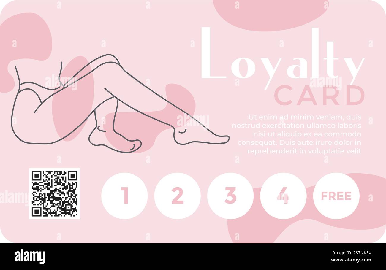 Carta fedeltà per l'epilazione o il salone spa con numeri e codice qr. Maggiori dettagli e informazioni sulle vendite e gli sconti per i clienti. Premi per i clienti che acquistano prodotti. Vettore in stile piatto. Salone benessere o banner vettoriale della carta fedeltà per l'epilazione Illustrazione Vettoriale