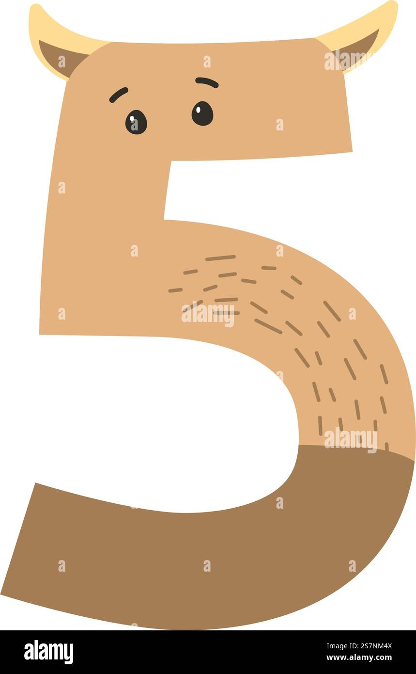 Numero cinque personaggio con muso e pelliccia, orecchie e divertente espressione facciale. Carattere isolato per i bambini per imparare matematica, scuola ed educazione per i bambini, carattere carino. Vettore in stile piatto. Strani caratteri per bambini, vettoriale di cinque numeri Illustrazione Vettoriale