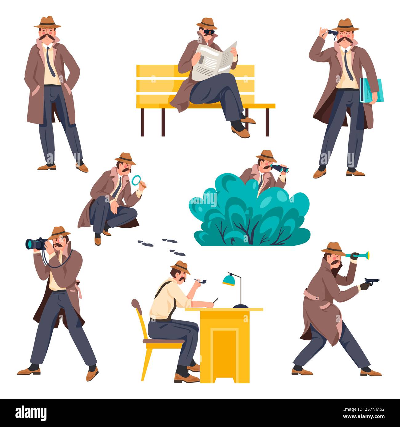 investigatori privati che lavorano sotto copertura, investigatori isolati o agenti in cappotto e cappello nascosti in cespugli e che guardano attraverso il binocolo. Uomo in missione, a caccia di criminali. Vettore in stile piatto. Detective in missione, investigatori privati Illustrazione Vettoriale