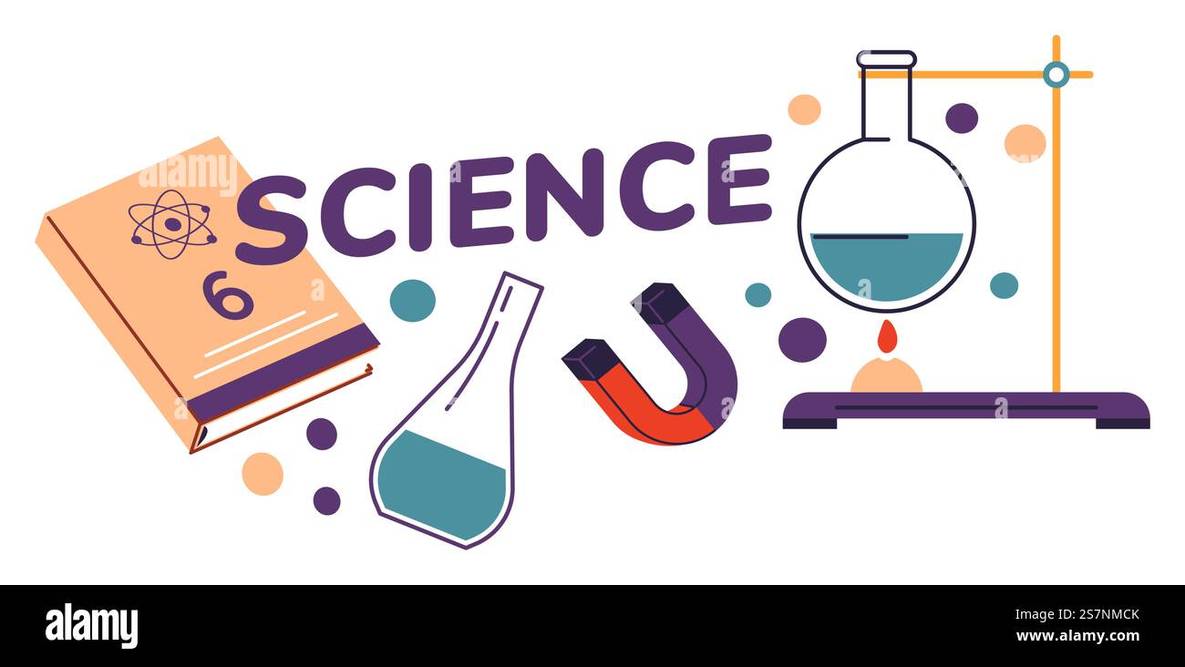 Disciplina scolastica, apprendimento della scienza e conduzione di esperimenti. matraccio isolato con sostanze e libri per studenti e alunni. Contenitori per riscaldamento, magnete. Fisica e chimica. Vettore in piano. Disciplina schience a scuola, acquisizione di conoscenze Illustrazione Vettoriale