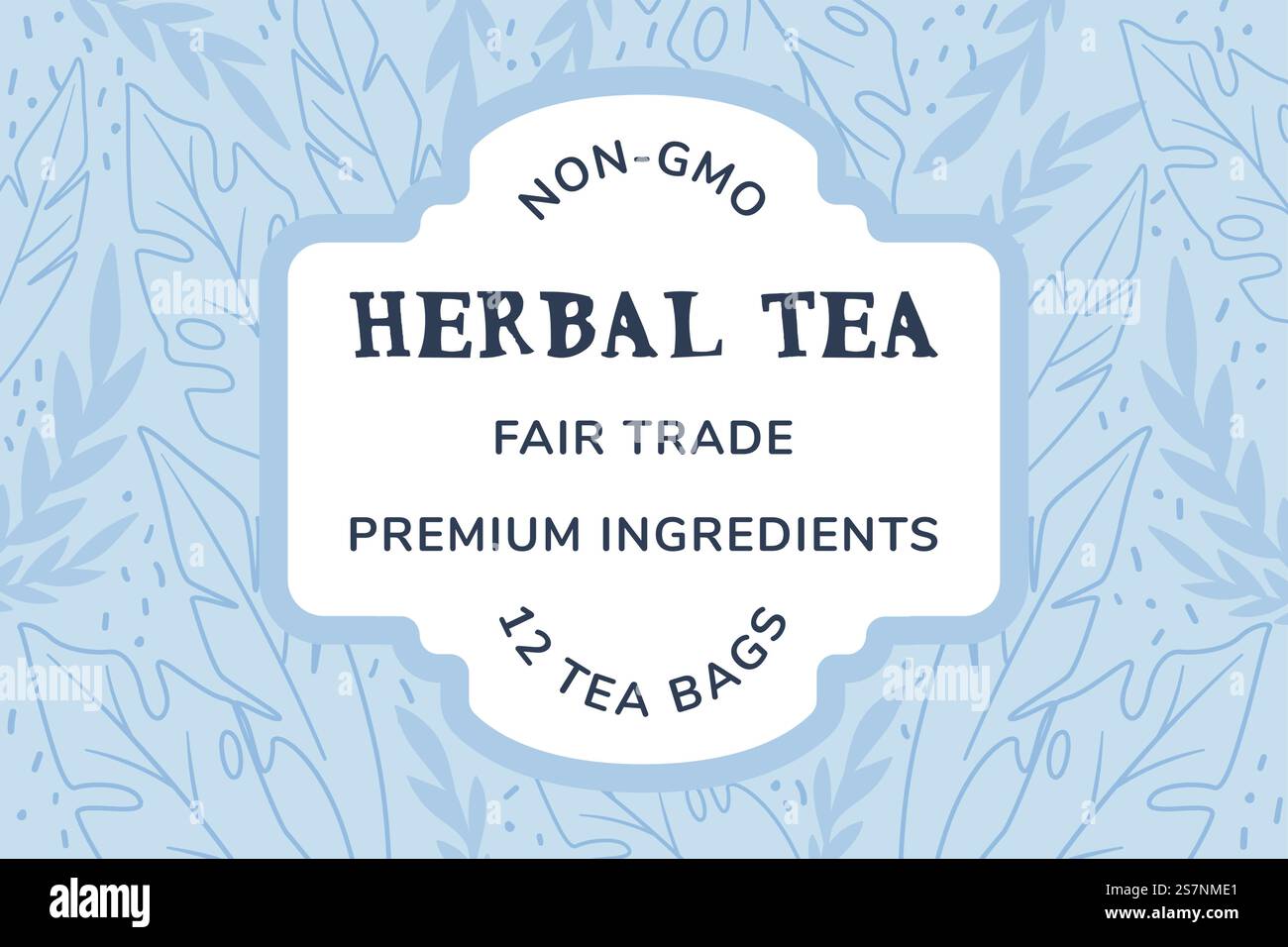 Tè alle erbe, ingredienti di alta qualità per il commercio equo e solidale, prodotti naturali non ogm e benessere. Integratore alimentare equilibrato e mangiare sano. Logotipo o etichetta della confezione, emblema o logo. Vettore in stile piatto. Tè a base di erbe non ogm, ingredienti premium per il commercio equo e solidale Illustrazione Vettoriale