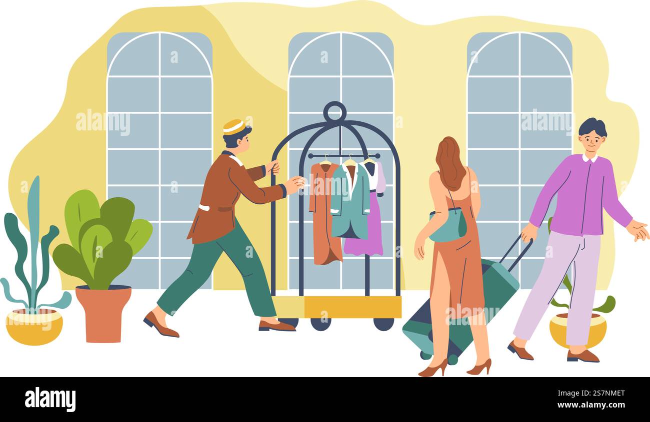 Portineria o portineria mobile con vestiti appena lavati. Uomo e donna che camminano con i bagagli in camera, servizio alberghiero e cura per la felicità dei clienti e dei clienti. Immagine vettoriale in stile piatto. Servizio dell'hotel, portineria con vestiti su scaffale Illustrazione Vettoriale