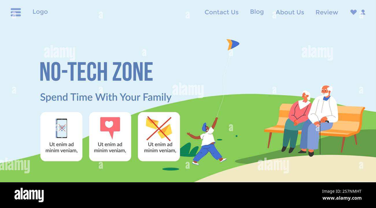 Benessere e controllo digitali, trascorri il tempo con la tua famiglia e gli amici, non con il telefono. Disintossicazione digitale e riduzione dell'utilizzo dello schermo. Modello di landing page del sito Web, sito online. Vettore in stile piatto. Nessuna zona tecnologica, passa del tempo con la tua rete di famiglia Illustrazione Vettoriale