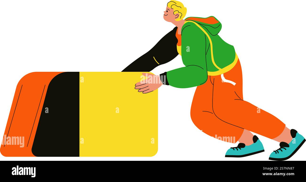 Personaggio studente con gomma per documenti, caratteri maschili isolati con cancelleria da ufficio. Lavoratore o studente che sposta pezzi di gomma morbida o plastica per sfregare qualcosa. Vettore in stile piatto. Personalizza con gomma per carta, carattere studente Illustrazione Vettoriale