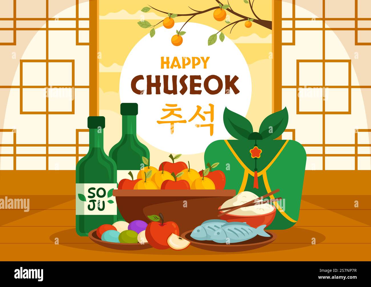 Happy Chuseok Day illustrazione vettoriale dell'evento coreano del Ringraziamento con Festival del raccolto festeggia la notte d'autunno modelli disegnati a mano Illustrazione Vettoriale