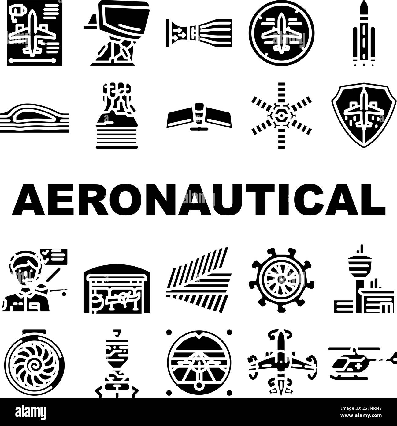 le icone aeronautiche degli ingegneri aeronautici impostano il vettore. Aeroplano, aerospaziale, aeroporto di aeroplani, manutenzione del motore, pilota di controllo ingegnere aeronautico illustrazioni dei pittogrammi dei glifi dell'aviazione. le icone aeronautiche degli ingegneri aeronautici impostano il vettore Illustrazione Vettoriale