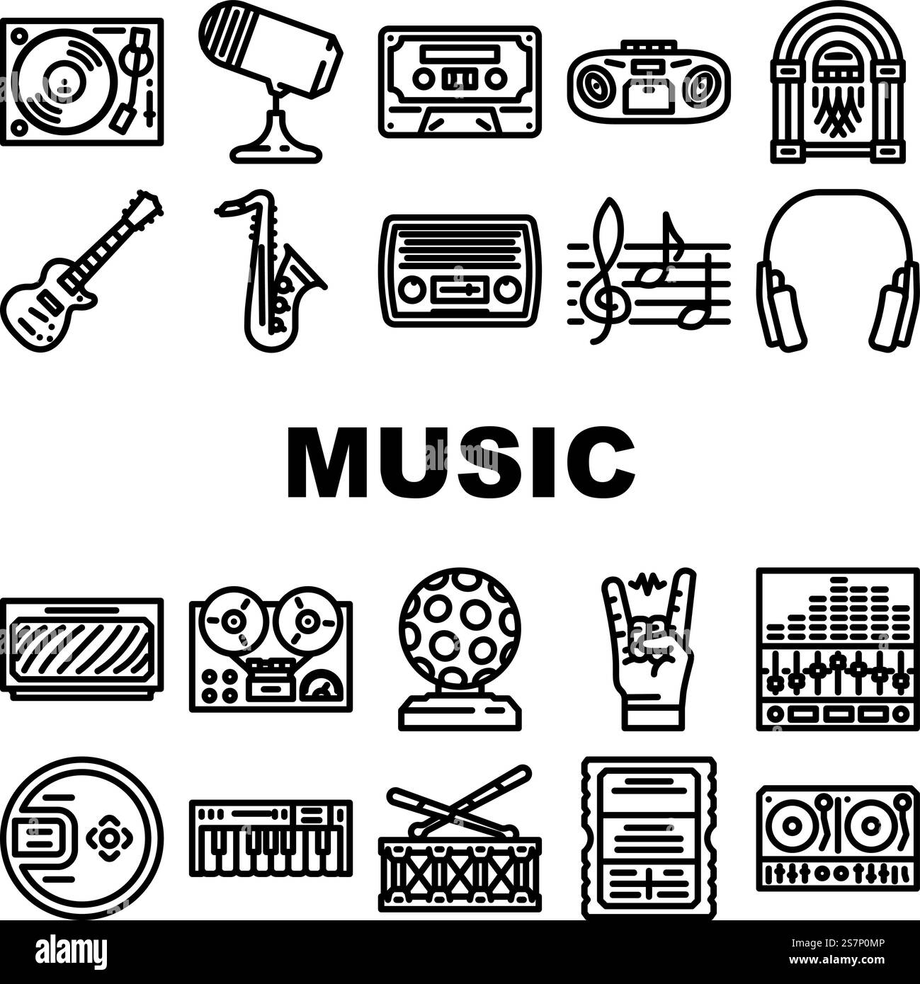 musica retrò icone vintage per feste. poster di stile, anni '90 '80, astratto funky, adesivo moderno alla moda, pop disco, musica retrò goffa vintage party con illustrazioni di contorno nero. musica retrò icone vintage per feste Illustrazione Vettoriale