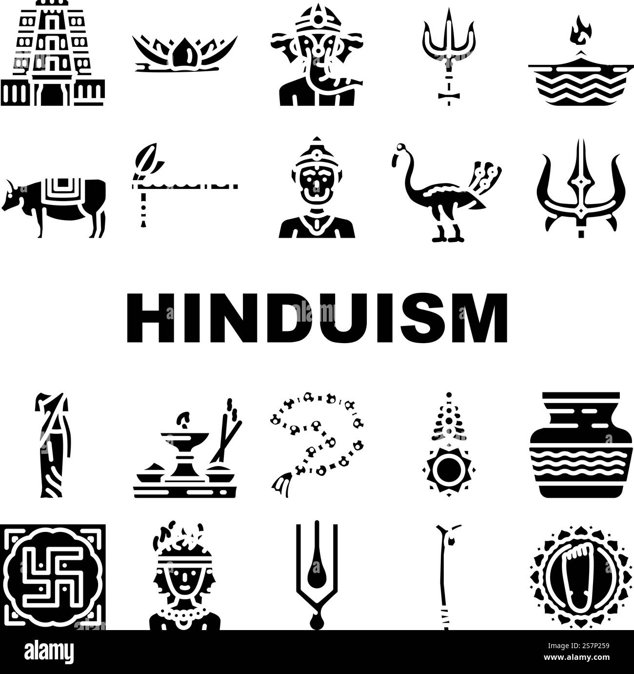 le icone del dio indù om dell'induismo impostano il vettore. india krishna, scultura indiana, signore delle statue, religione vishnu, divinità vedica induismo dio indù om glifi pittogrammi illustrazioni. le icone del dio indù om dell'induismo impostano il vettore Illustrazione Vettoriale