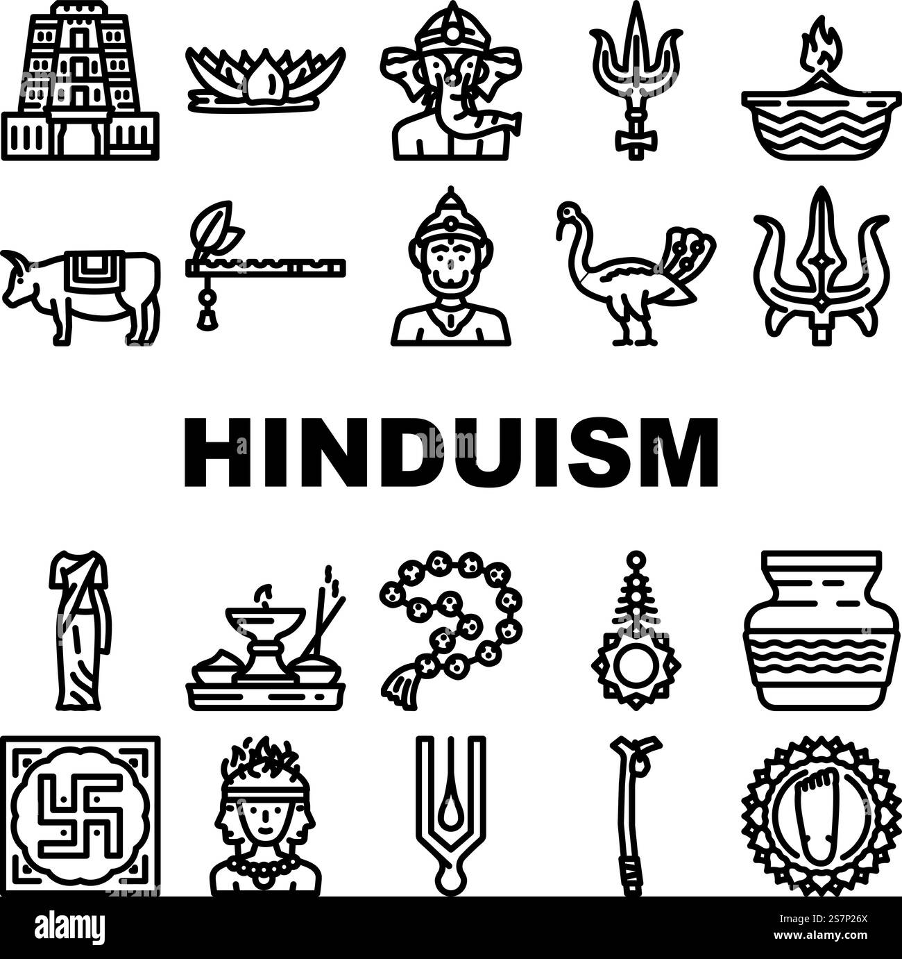 le icone del dio indù om dell'induismo impostano il vettore. india krishna, scultura indiana, signore delle statue, religione vishnu, divinità vedica induismo dio indù om illustrazioni di contorno nero. le icone del dio indù om dell'induismo impostano il vettore Illustrazione Vettoriale