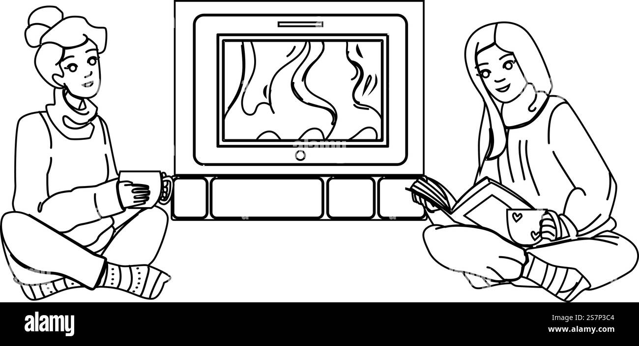 camino del fuoco donna vettore. bevi caldo, caldo all'interno, accogliente caminetto, personaggio donna. illustrazione della linea nera delle persone. camino del fuoco donna vettore Illustrazione Vettoriale