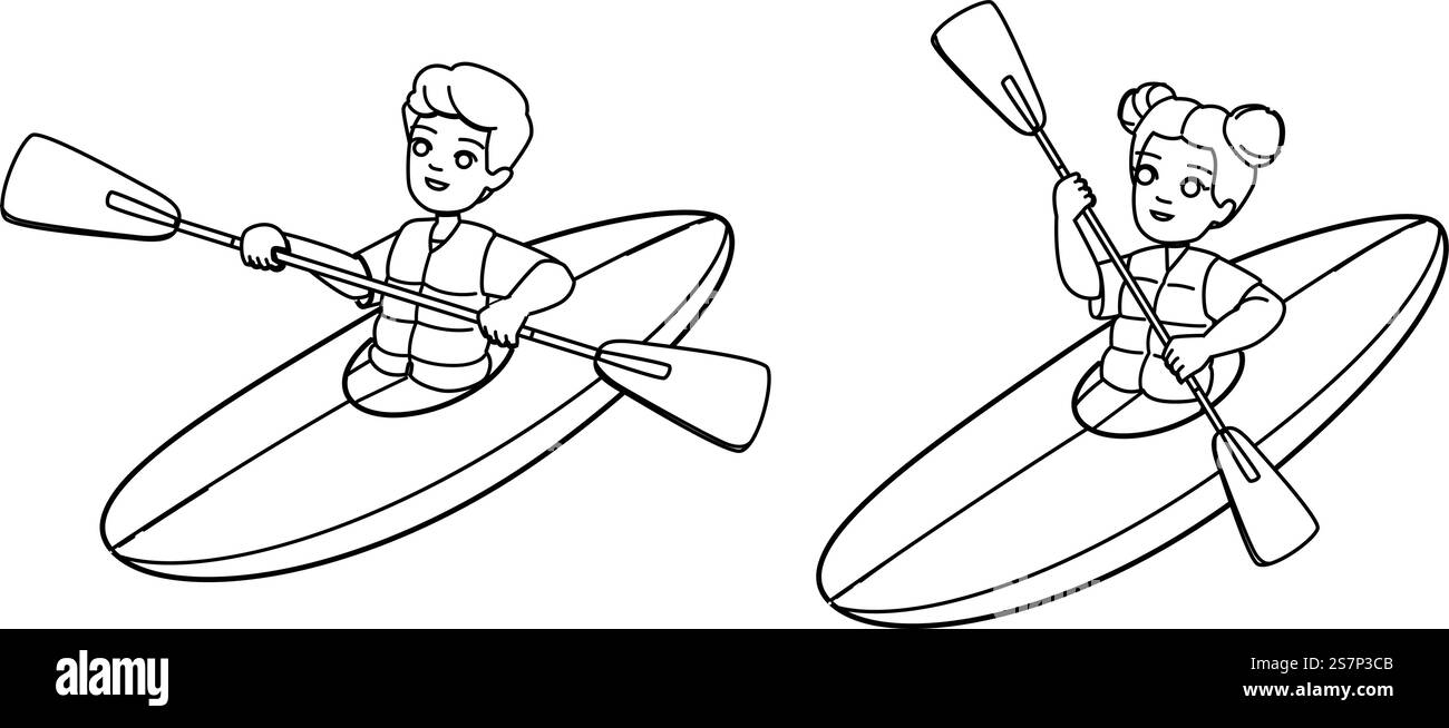 canottaggio per bambini. kayak boat, fiume estivo, lago per famiglie, campeggio, canottaggio per bambini. illustrazione della linea nera delle persone. canottaggio per bambini Illustrazione Vettoriale