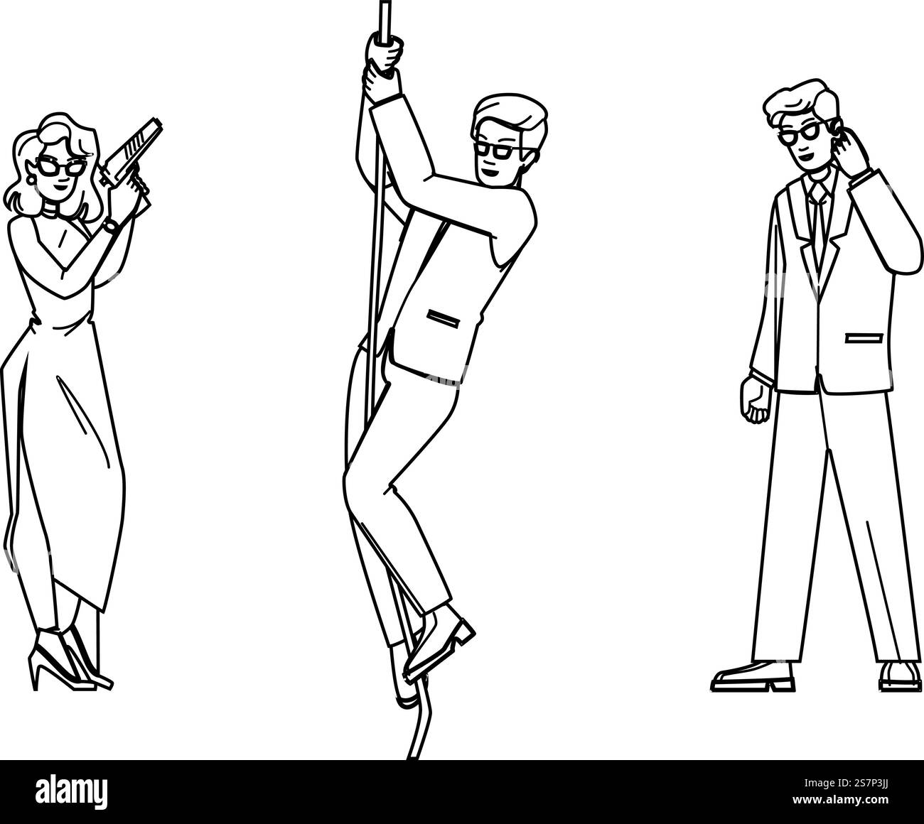 vettore agente segreto. spia nera, detective sicurezza, uomo, cappello crimine, silhouette pistola agente segreto. illustrazione della linea nera delle persone. vettore agente segreto Illustrazione Vettoriale