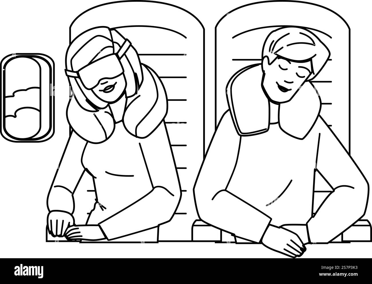 sonno nel vettore aereo. volo aereo, viaggio del sedile, aria passeggeri, cabina uomo, sonno lato collo in carattere aereo. illustrazione della linea nera delle persone. sonno nel vettore aereo Illustrazione Vettoriale