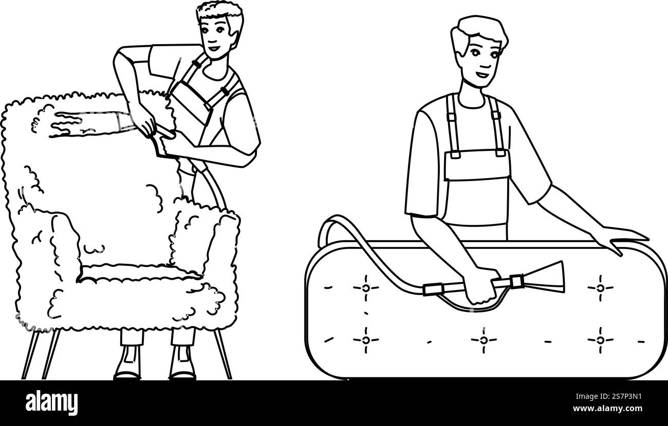vettore per la pulizia della tappezzeria. prodotto chimico per la manutenzione, pulizia pulita, carattere di pulizia della tappezzeria della casa sporca. illustrazione della linea nera delle persone. vettore per la pulizia della tappezzeria Illustrazione Vettoriale