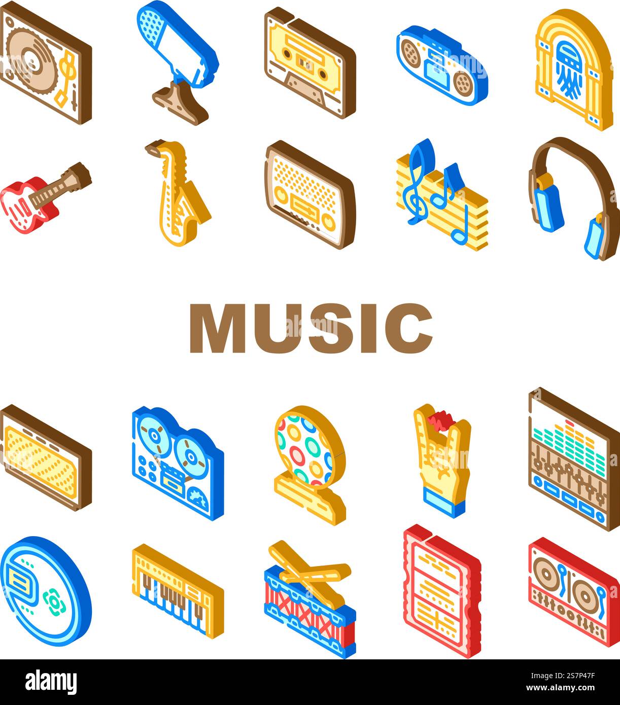 musica retrò icone vintage per feste. poster di stile, anni '90 '80, astratto funky, adesivo moderno alla moda, pop disco, musica retrò goffa, illustrazioni di segni isometrici per feste vintage. musica retrò icone vintage per feste Illustrazione Vettoriale