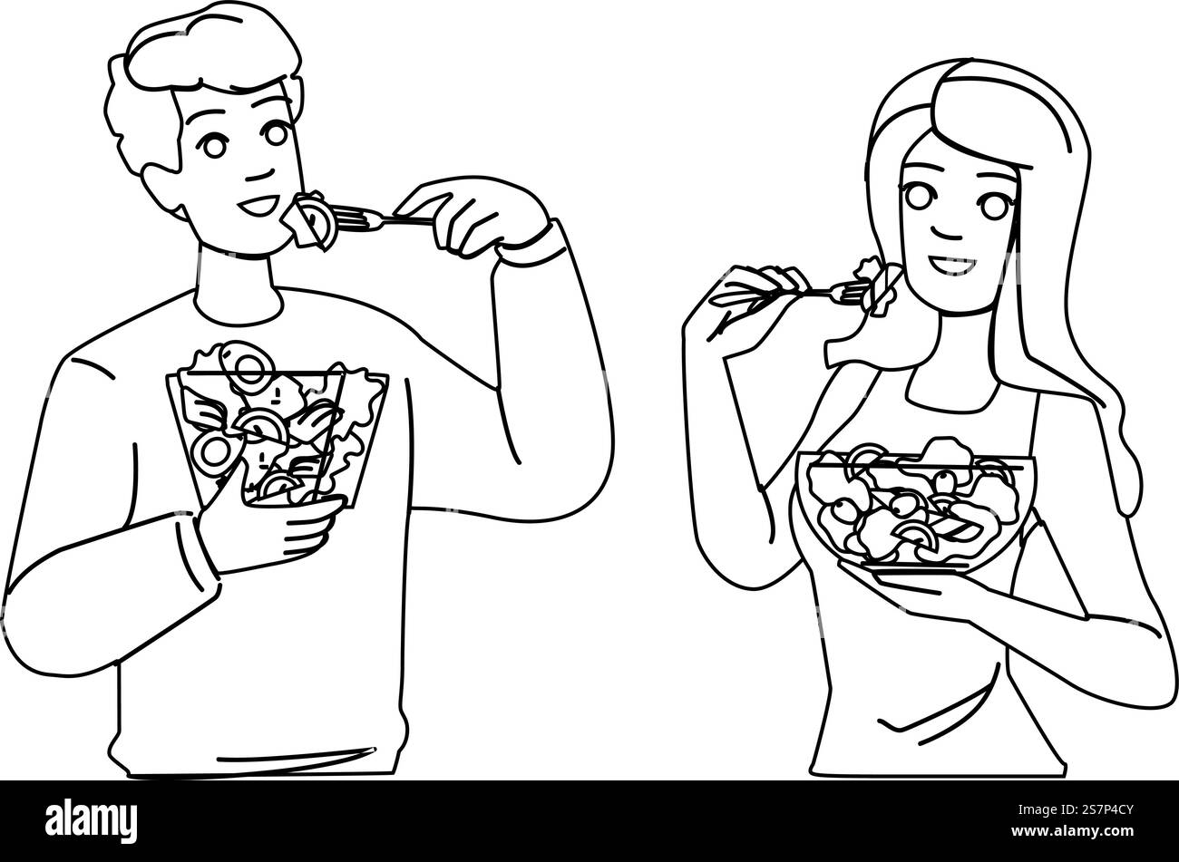 vettoriale del recipiente dell'insalata fresca. verdure dietetiche, pranzo bianco, cena con lattuga, insalata fresca. illustrazione della linea nera delle persone. vettoriale del recipiente dell'insalata fresca Illustrazione Vettoriale