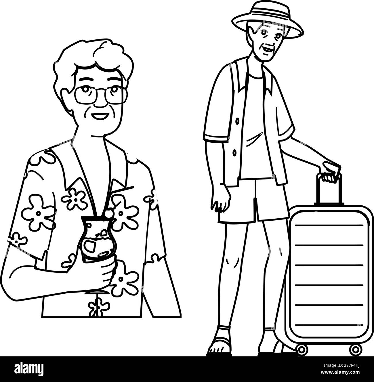 vettore vacanze senior estate. anziano anziano, uomo in pensione, vacanza divertente estate uomo anziano vacanza carattere. illustrazione della linea nera delle persone. vettore vacanze senior estate Illustrazione Vettoriale