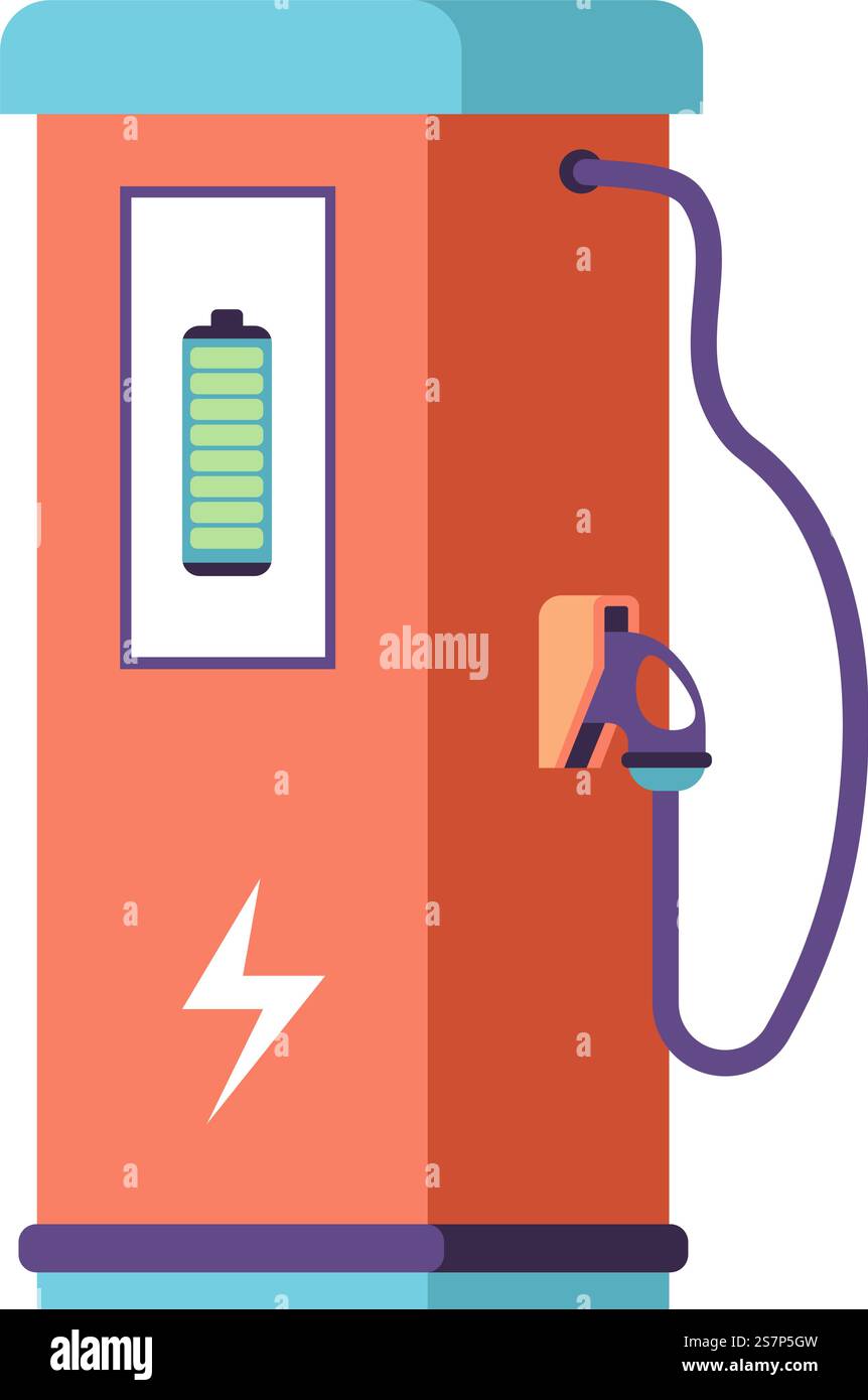 Tutela dell'ambiente e conservazione della natura. Punto ricaricabile per trasporto ecologico, auto e scooter, veicoli e furgoni. Scatola isolata che mostra la percentuale di carica e la pompa a filo. Vettore in stile piatto. Punto di ricarica per trasporto ecologico, tutela dell'ambiente Illustrazione Vettoriale