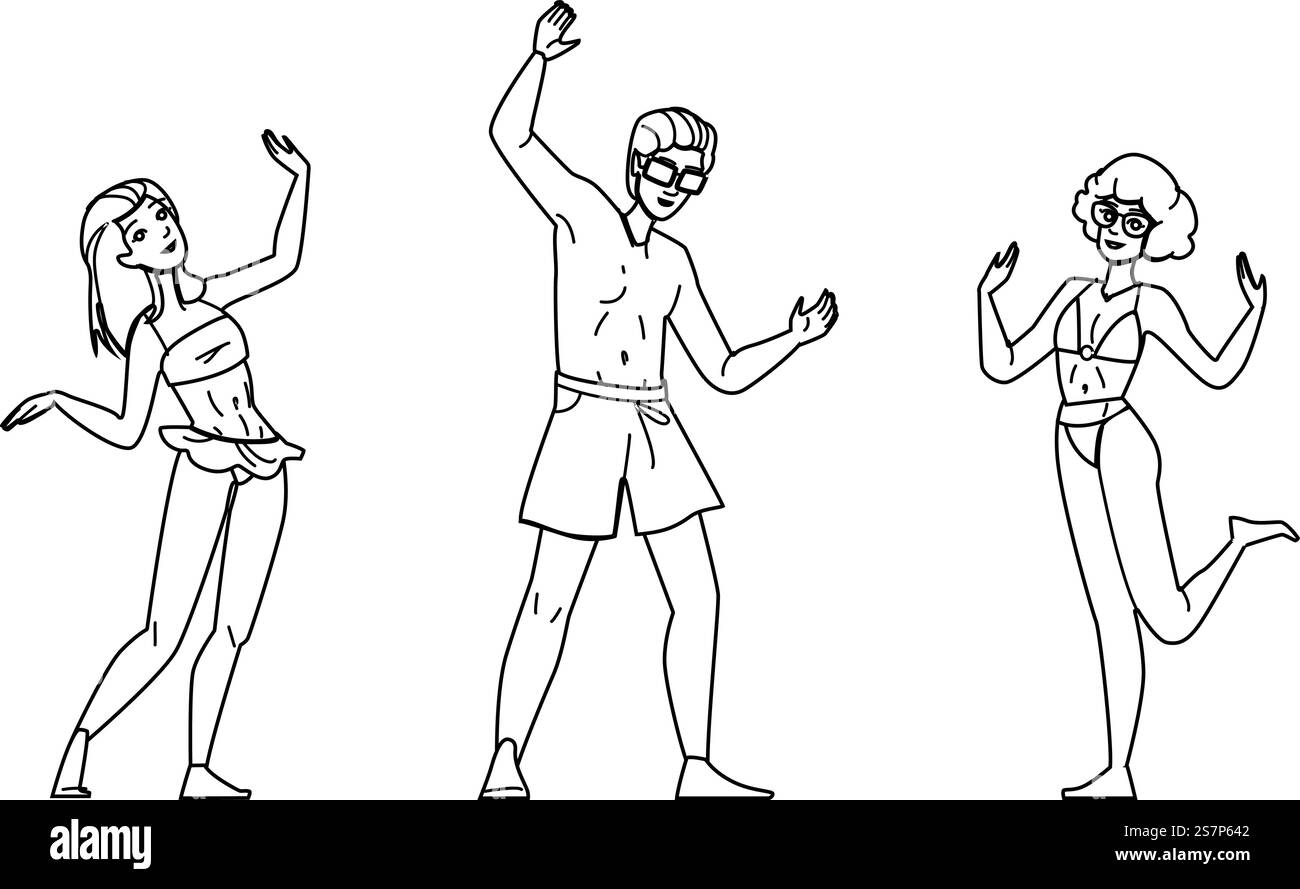 vettore di spiaggia per feste in mare. vacanza al tramonto, silhouette di viaggio, amici ballano festa di mare carattere spiaggia. illustrazione della linea nera delle persone. vettore di spiaggia per feste in mare Illustrazione Vettoriale