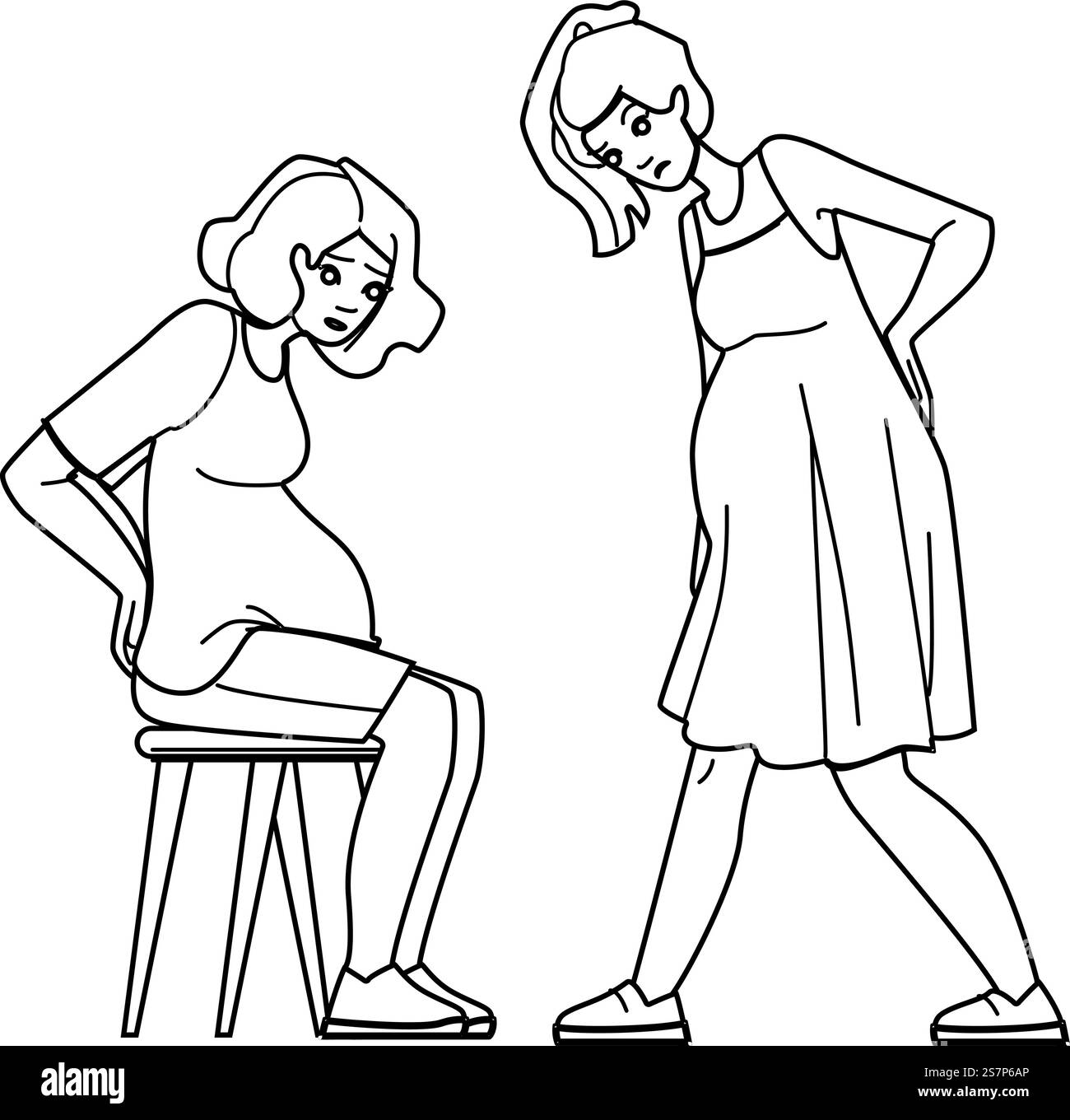 mal di schiena vettore di gravidanza. donna incinta, dolore bambino, dolore asiatico, mal di fondo, mal di schiena dolore alla pancia carattere di gravidanza. illustrazione della linea nera delle persone. mal di schiena vettore di gravidanza Illustrazione Vettoriale