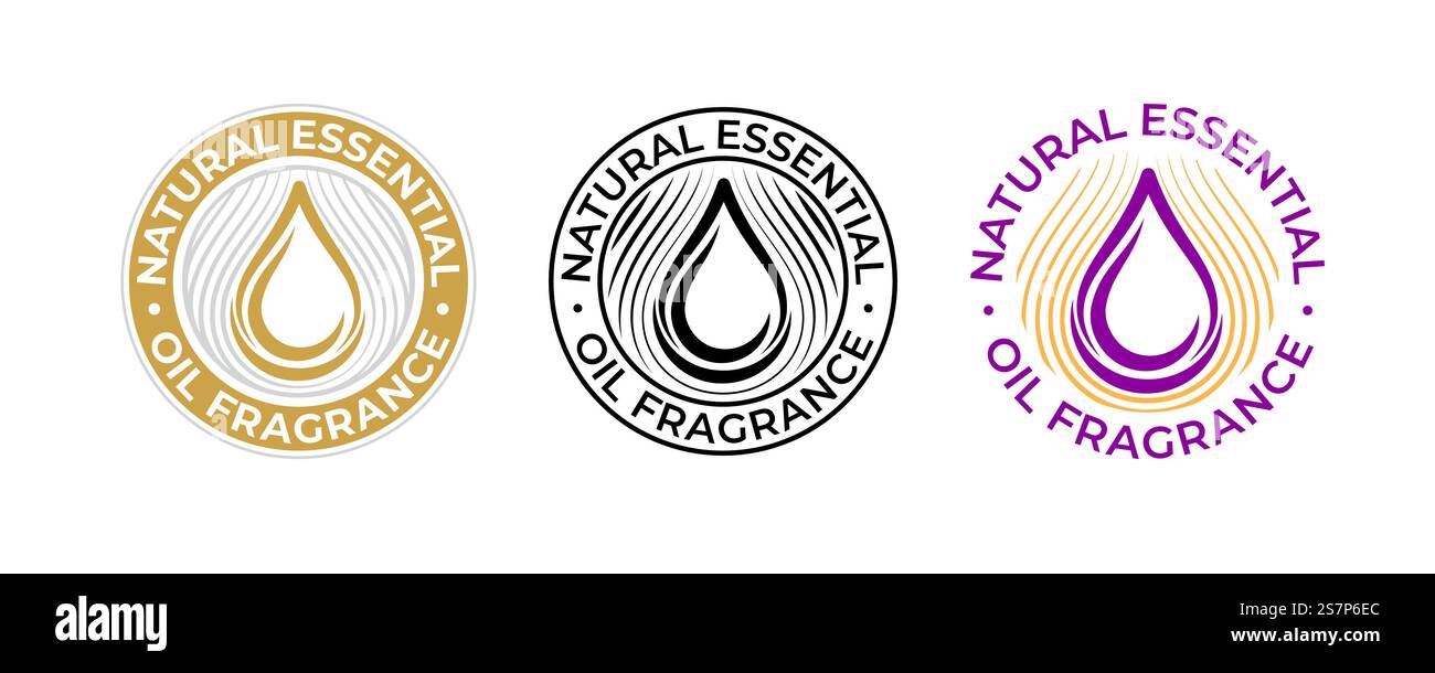 Fragranza naturale dell'olio essenziale, icona del vettore di goccia dell'olio per prodotti di bellezza e dermocosmesi. Fragranza naturale di oli essenziali, segno cosmetico con goccioline di olio Illustrazione Vettoriale