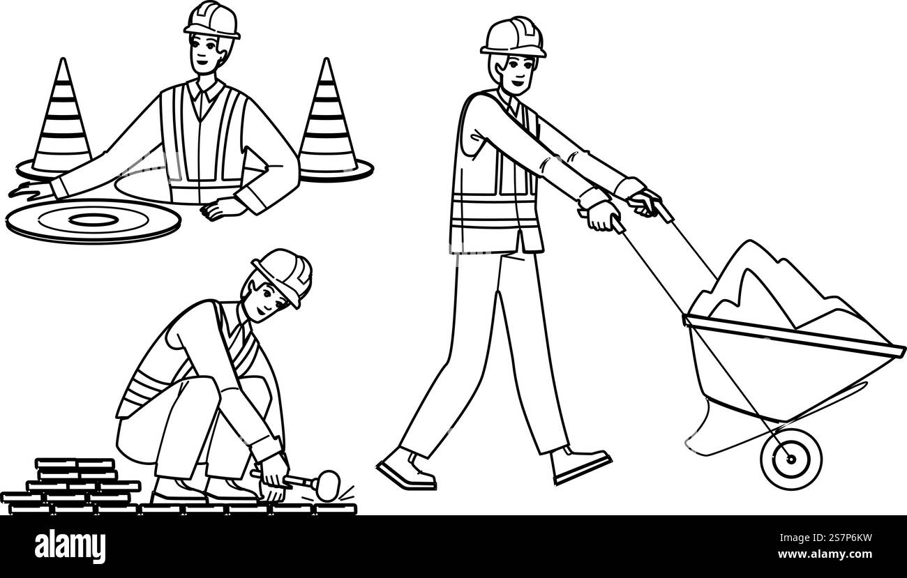 vettore stradale operaio. lavori di asfalto, riparazione di costruzioni, uomo delle attrezzature, industria del lavoro, viabilità dei lavoratori della città. illustrazione della linea nera delle persone. vettore stradale operaio Illustrazione Vettoriale