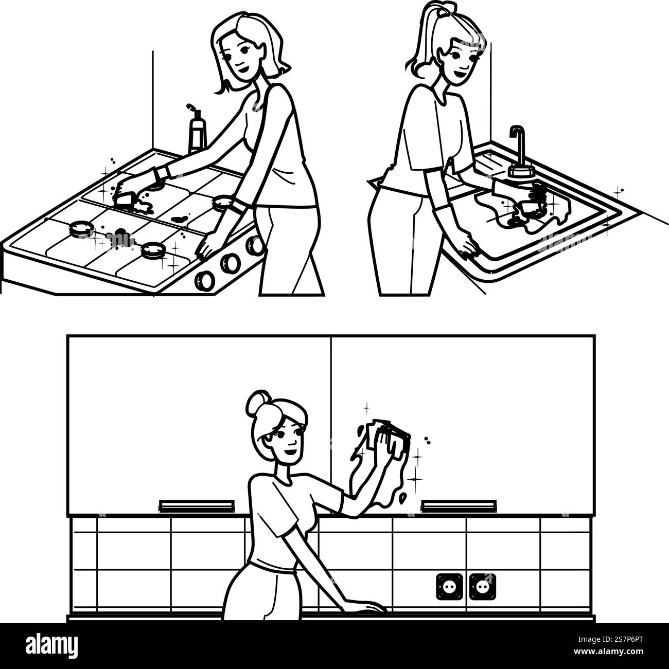 pulizia pulizia vettore cucina. casa casa, spray detergente, tavolo donna pulizia pulizia carattere cucina. illustrazione della linea nera delle persone. pulizia pulizia vettore cucina Illustrazione Vettoriale