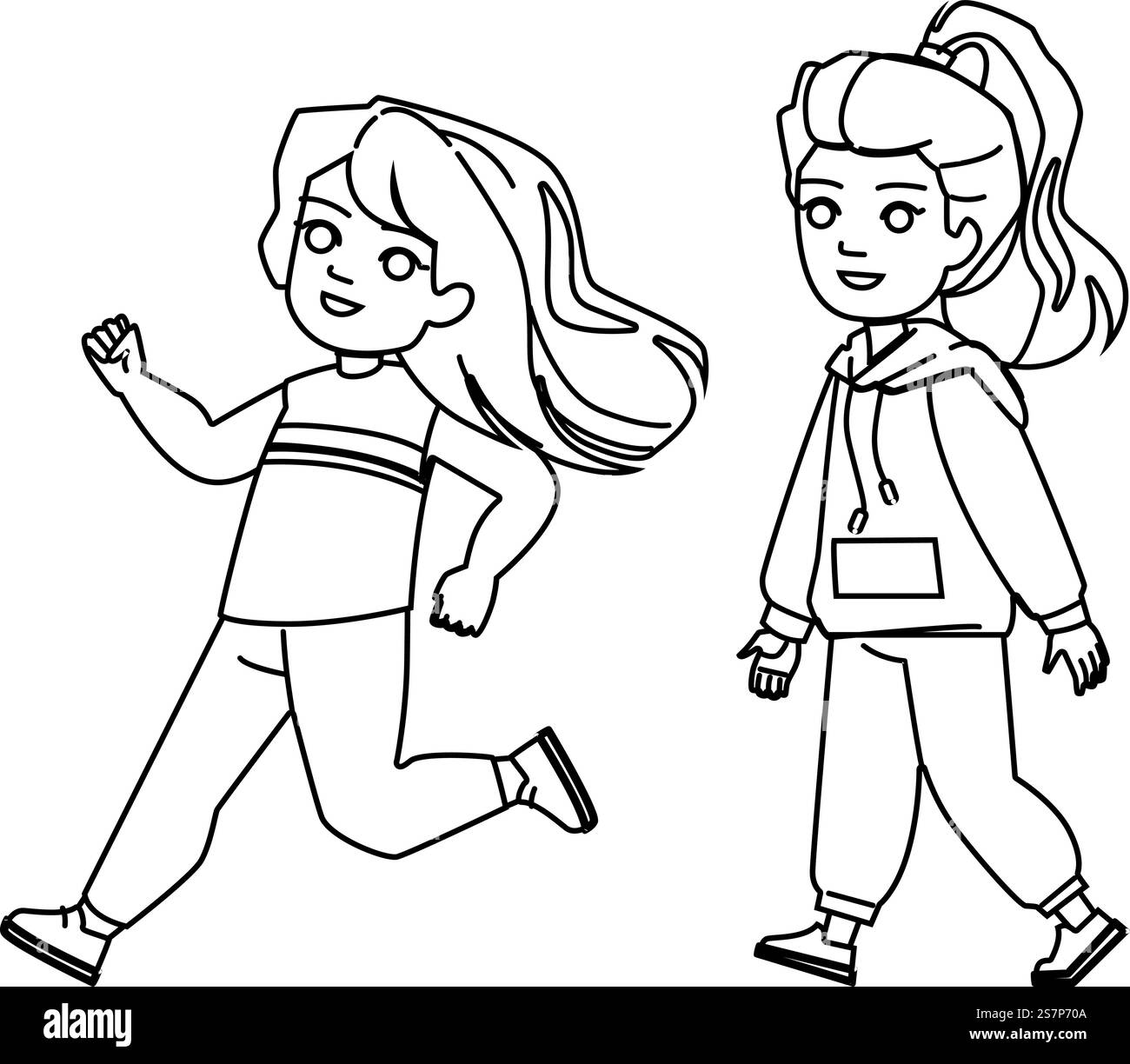 ragazzina vettore lento e veloce. famiglia di bambini, figlia natura, felice futuro, balcone aereo, bici campo bambino ragazza lento veloce carattere. illustrazione della linea nera delle persone. ragazzina vettore lento e veloce Illustrazione Vettoriale