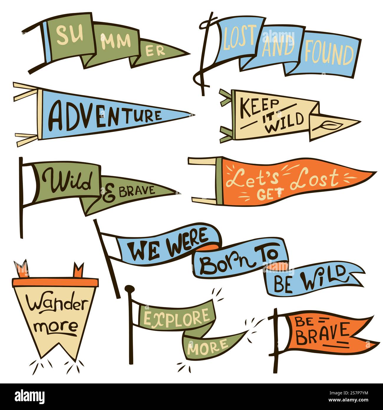 Avventura all'aperto, campeggio colorato con pennant. Etichette monocromatiche vettoriali retrò. Stile vagabondo disegnato a mano. Design delle bandiere da viaggio del pennant. Avventura all'aperto, campeggio colorato con pennant. Etichette monocromatiche retrò. Stile vagabondo disegnato a mano. Design delle bandiere da viaggio del pennant Illustrazione Vettoriale