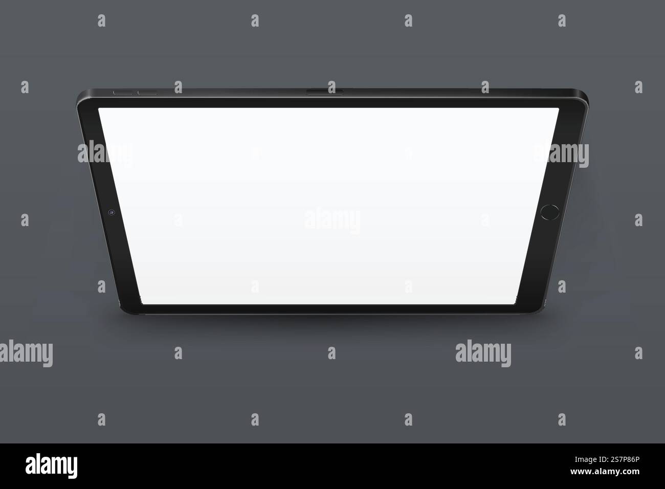 Tavoletta nera vuota realistica su sfondo grigio. Dispositivo nella vista prospettica. Modello tablet da diverse angolazioni. Immagine del dispositivo con display touchscreen. Tavoletta nera vuota realistica su sfondo grigio. Modello tablet da diverse angolazioni. Immagine del dispositivo con display touchscreen Illustrazione Vettoriale