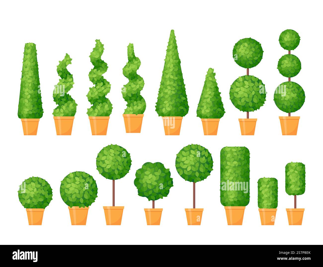 Topiario in vaso. Arbusto bosso per parchi e spazi aperti. Set di siepi in forme diverse. Alberi decorativi in vaso. Arbusti topiari in vasi. Bosso decorativo in vaso. Illustrazione vettoriale. Illustrazione Vettoriale