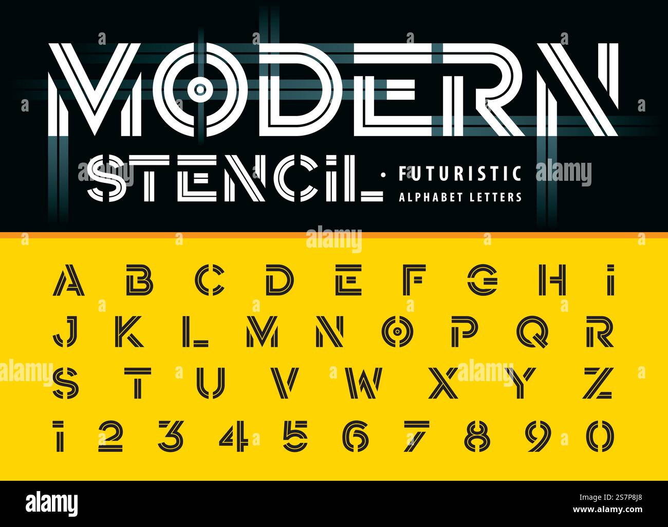 Vettore di lettere e numeri alfabetici, font Stencil moderno, font San serif, Set di lettere in grassetto minimale per moda, futuristico, tecnologia, Party, tipografia Illustrazione Vettoriale