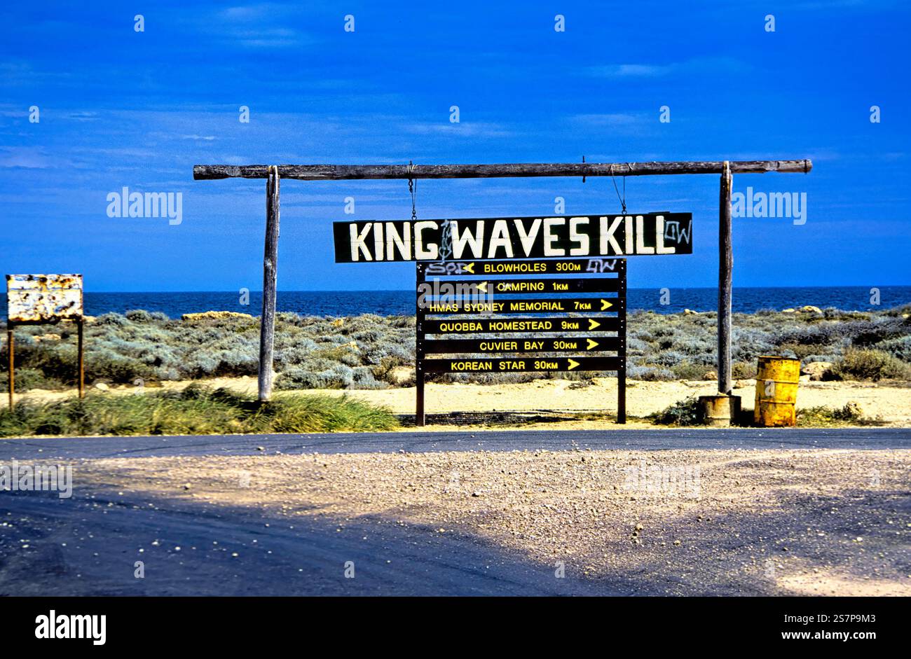 Cartello di avvertimento King Wave, Quobba Blowholes, Macleod, Australia nord-occidentale Foto Stock