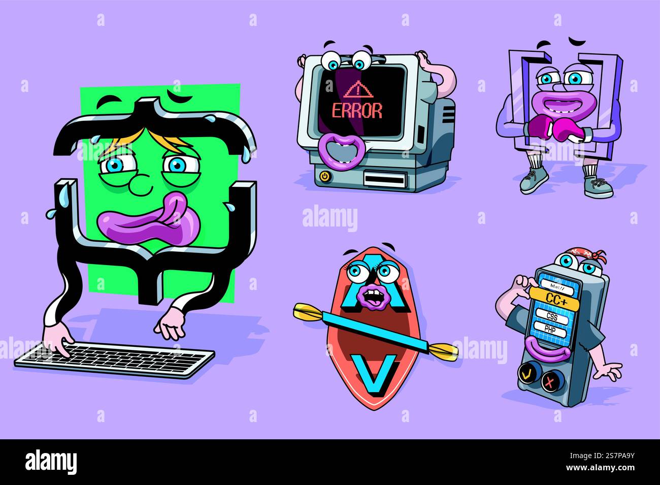 Concetto di programmazione con il set di cartoni animati 3D. Avatar divertenti di computer con testo di errore e simboli del processo di codifica dello sviluppo del software. Illustrazione vettoriale con disegno di mascotte fumettistiche. Concetto di programmazione con il set di cartoni animati 3D. Illustrazione vettoriale Illustrazione Vettoriale